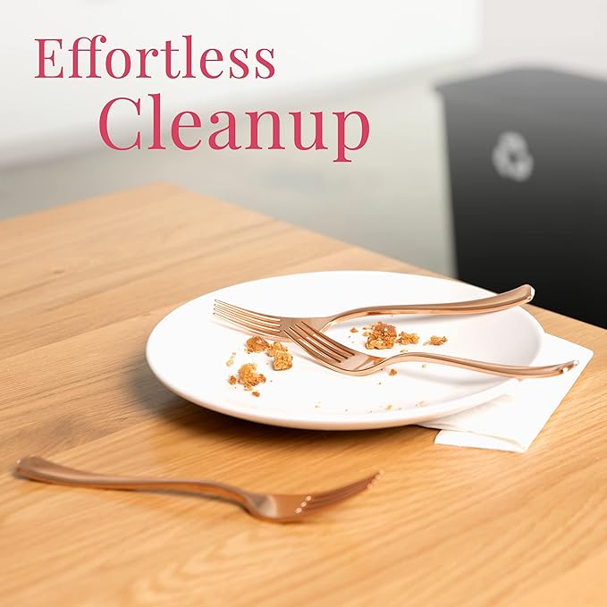 Prestee Set of 100 Rose Gold Plastic Forks Disposable - 7-in Heavy-Duty Fork Flatware - Bulk Pack Fancy Silverware - Sturdy Pink Cutlery for Weddings, Birthday Parties, Buffets, Catering and Events