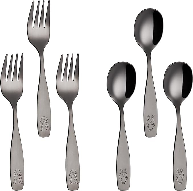 ANNOVA Kids Silverware Children's Safe Flatware Set Stainless Steel - Children Forks, Children Tablespoons, Toddler Utensils, Metal Cutlery Set for LunchBox (Black Gold, 6)