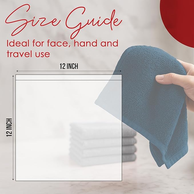 RIVERSIDE 12 Pack Washcloths - 12x12 Inches, 400 GSM, 100% Ring-Spun Cotton - Soft, Absorbent & Durable Face and Body Towels - for Bathroom, Spa, Gym, Makeup Removal & Everyday Use - Blue Opal