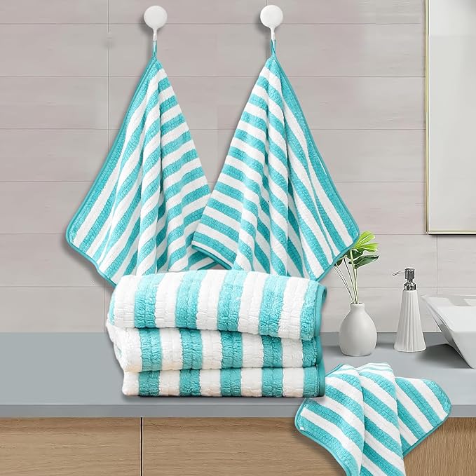 18-Piece Microfiber Bath Towels Set - 6 Bath Sheet, 6 Hand Towels, 6 Washcloths, Soft, Highly Absorbent Bathroom Towel, Quick Dry & Less Lint Shower towel for Bathroom, Hotel, Spa, Dorm-Aquamarine