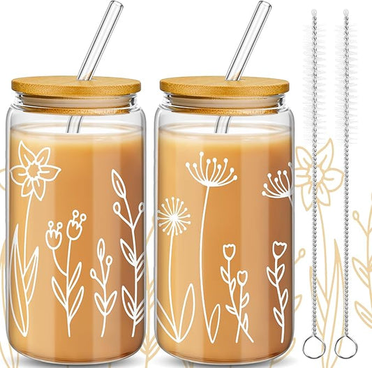 Mumufy Gift for Women Cute Glass Cup Tumbler Flower Iced Coffee Mugs 16 oz Glass with Bamboo Lid & Straw, Mothers Day Birthday Gift for Mom Sister Bridesmaid Baby Shower(2 Pack,Boho Flower)
