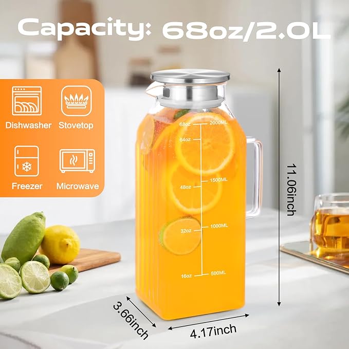 2 Liters/68oz 2 Pack Square Glass Pitcher with Lid and Handle for Fridge Door, Aofmee Borosilicate Glass Heat Resistant Dishwasher Safe Iced Tea Jar, Carafe with Scale Line for Hot/Cold Beverage