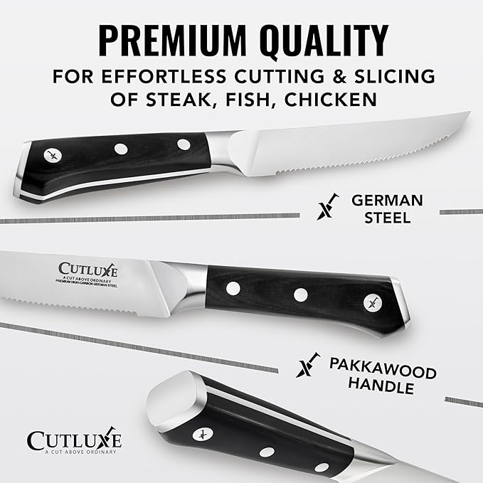 Cutluxe Steak Knives Set of 4, Serrated Steak Knives – Forged High Carbon German Steel, Full Tang, Ergonomic Handle Design – Artisan Series