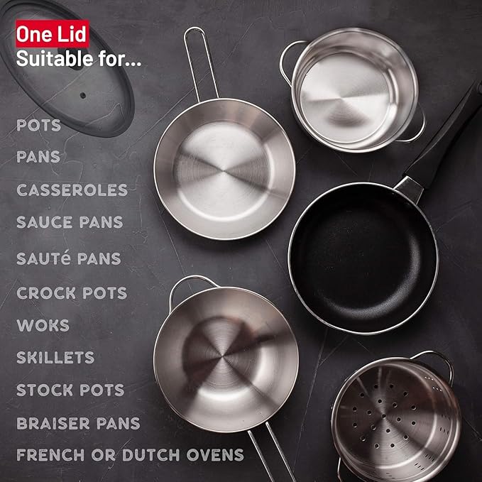 Bezrat Universal Lids for Pots, Pans and Skillets - 2-Pack Heat-Resistant Covers Tempered Glass with Silicone Rim - Fits 11”, 12”, 12.5” Cookware - For Cooking, Dishwasher Safe