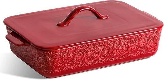 Casserole Dish with Lid, Ceramic 9x13 Casserole Dish for Oven, Rectangular Bakeware, Large Baking Dish with Handles for Holiday Cooking, Roasting, Baking, Oven & Microwave Safe (Red)