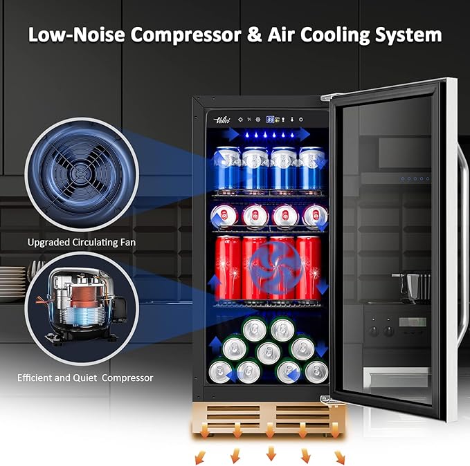 15 Inch Beverage Refrigerator and Cooler - 125Cans Capacity Mini Beer Drink Fridge with Glass Door and Lock Under Counter Built-in or Freestanding - for Soda, Beer, Wine - for Home Bar Kitchen