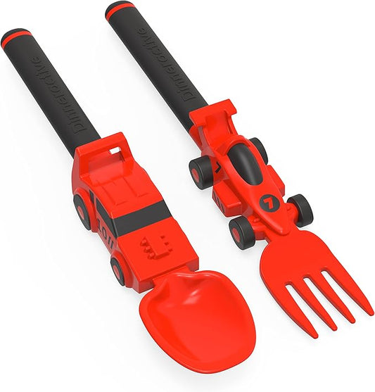 Dinneractive Utensil Set for Kids – Red Race Car Themed Fork and Spoon for Toddlers and Young Children – 2-Piece Set