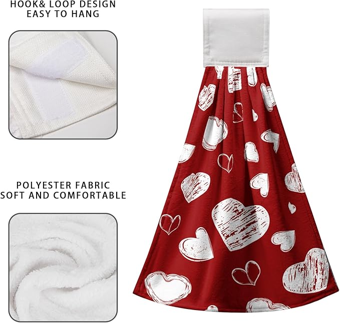 Valentines Heart Hanging Kitchen Towels Red Valentine's Day Hand Tie Towels Home Decorations Holiday Soft Absorbent Dish Towel with Hanging Loop for Bathroom Kitchen