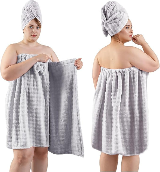 REDKISS Grey Towel Wrap for Women, XL Spa Shower Wrap with Hair Towel, Super Absorbent Bath Towels Robe for Body, Adjustable Microfiber Plush Bathrobe for Girls, Warmth Velcro Plus Size Wraps Towels