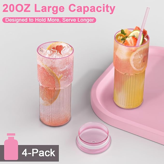 20oz Glass Cups with Lids and Straws - Set of 4 Reusable Tumblers, Thickened Shatter-Resistant Glass, Ideal for Iced Coffee, Smoothies, Cocktails, Juices - Elegant & Durable Drinkware (Pink)