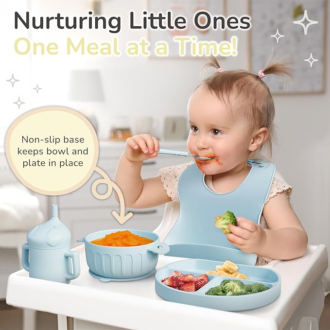 mimi & kiki BPA-Free Silicone Baby Feeding Set, Baby Plates and Bowls Set, Baby Led Weaning Supplies, Silicone Suction Plate, Baby Utensils, Bib and Cup, Self Feeding, Dishwasher Safe (Light Blue)