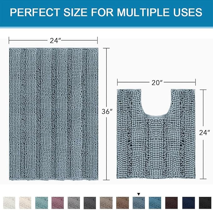 H.VERSAILTEX Bathroom Rugs Bath Rug Set 2 Piece Bathroom Contour Rug Toilet Mat Sets Non Slip Contour Bath Rug Ultra Thick Water Absorbent Striped Bath Mats(36" x 24" Plus 20" x 24" U, Stone Blue)
