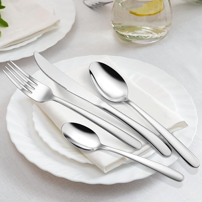 HaWare Heavy Duty Silverware Set, 60-Piece Stainless Steel Flatware Cutlery for 12, Modern & Elegant Design Includes Knives/Forks/Spoons, Mirror Polished and Dishwasher Safe