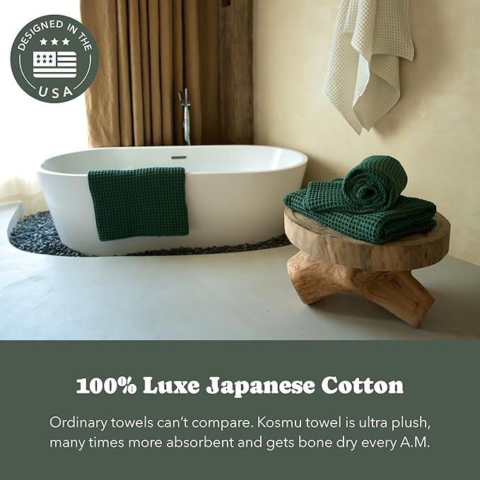 Luxury Organic Japanese Cotton Waffle Bath Towel | Thick, Absorbent, Quick Dry Bathroom Towels for Shower, Sauna, Onsen| Hotel & Spa Quality, Gift-Ready (Forest Green, Bath Towel Set (3-Piece))