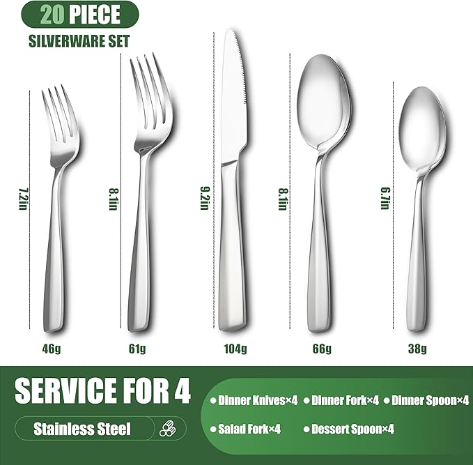 20 Piece Silverware Set for 4, Stainless Steel Cutlery Set Food Grade Flatware Set Include Knife Fork Spoon Mirror Polished Dishwasher Safe