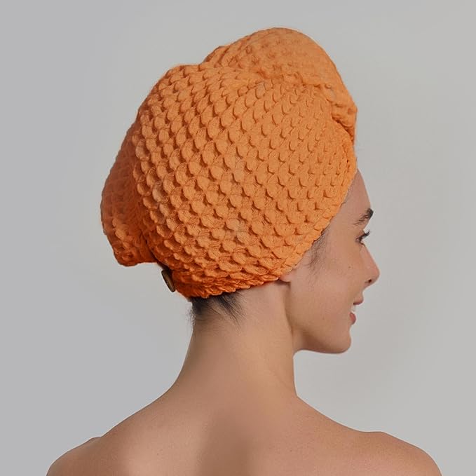 100% Organic Cotton Hair Drying Waffle Towel Wrap for Women | Absorbent & Quick Dry Head Turban for Wet Hair in Shower Sauna Spa, Extra Large for Long Straight Curly Plopping Button (Orange, 2 PACK)