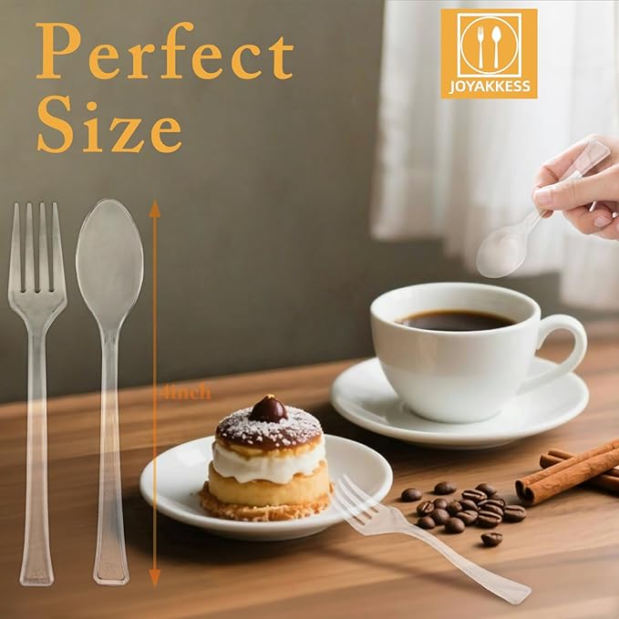 100 PCS 50 Clear Mini Forks And 50 Clear Mini Spoons 4 Inch Dessert Forks And Spoons, Dessert Fork and Spoon Disposable, BPA Free, Food Safe, Suitable for All Occasions