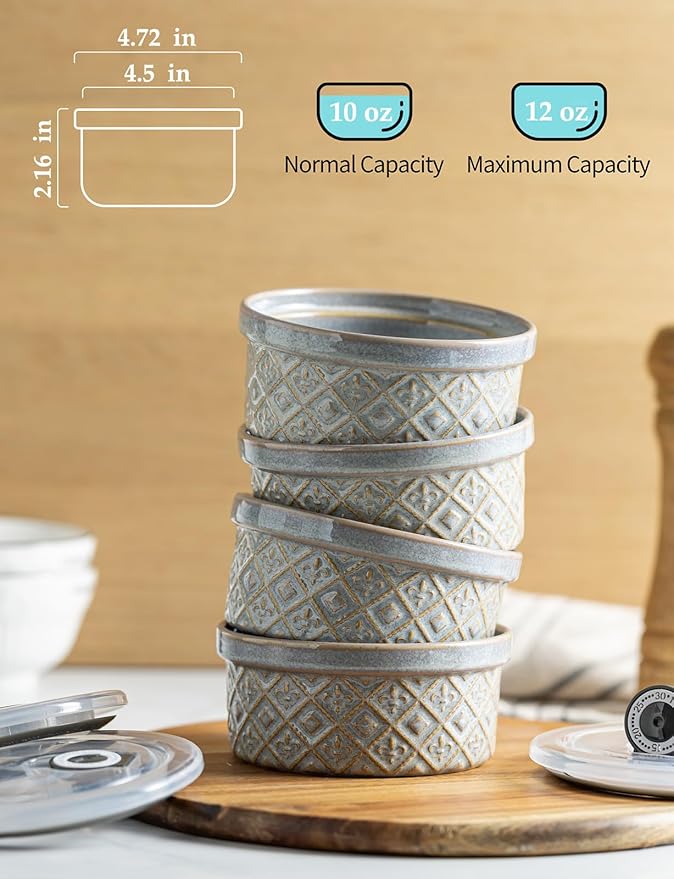 Ramekin Dish Set of 4, 12 oz Creme Brulee Ramekins with Lids, Ceramic Ramekins for Serving Dips, Lava Cake, Pudding, Souffle, Baking Bowls Set Dishwasher and Oven Safe, Gray