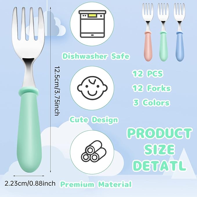 12PCS Toddler Forks & Spoons,Stainless Steel Baby Utensils,Kids Silverware Children's Cutlery Set for Self Feeding,BPA Free Metal Toddler Flatware with Handle for Boys Girls(Mixcolor 6 Spoons 6 Forks)