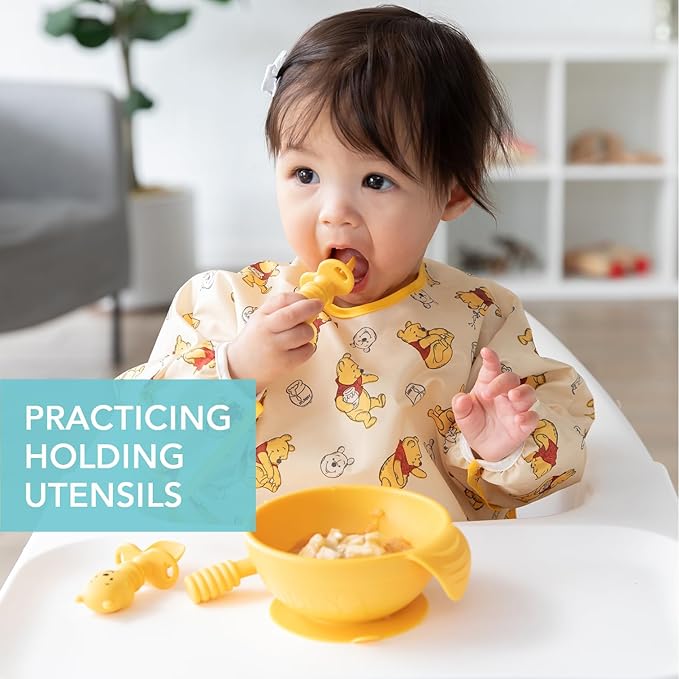 Bumkins Disney Baby Utensils Set, Chewtensils Silicone Spoons for Dipping, Self-Feeding, Baby Led Weaning, Trainer Learning First Stage Stage Eating, Fork and Spoon, Babies 6 Months, Winnie the Pooh