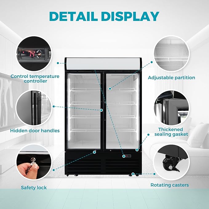 36 Cu Ft Commercial Beverage Refrigerator with 2 Glass Doors - Upright Drink Cooler Merchandiser with LED Light Display, 8 Adjustable Shelves, Black, ETL Approved for Business & Retail