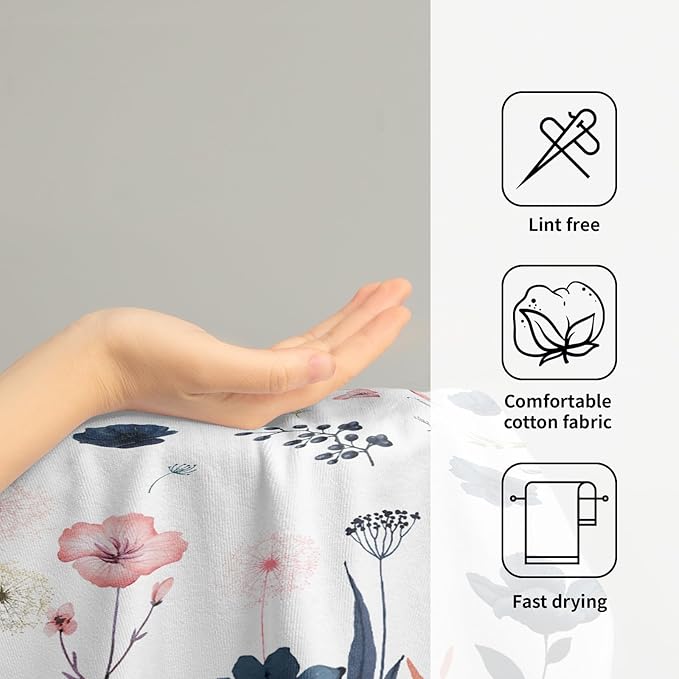 Imiss Navy Blue Pink Floral Hand Towels for Bathroom Set of 2 Poppy Flowers Botanical Leaf Guest Face Towel 14.4 x 28.3 Inch for Kitchen Gym Hotel Spa