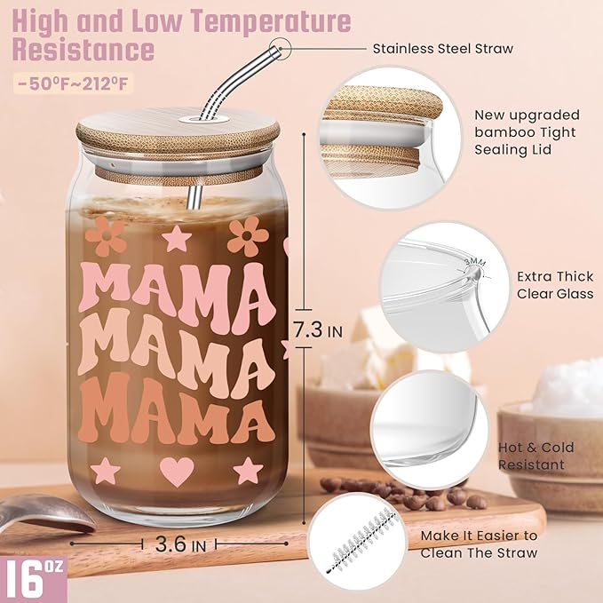 Christmas Day Gifts for Mama - Mother's Day Gifts for Mom - Birthday Day Gifts for Mom, Mama, New Mother After Birth, Promoted to Mother - 16 oz Coffee Glass Cup