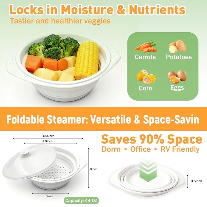 44oz White Silicone Steamer Microwave, Collapsible Vegetable Steamer Microwave with Magnetic Lid, Space-Saving Design, Dishwasher Safe Silicone Bowl for Cooking Veggies, Dumplings, Healthy Cooking