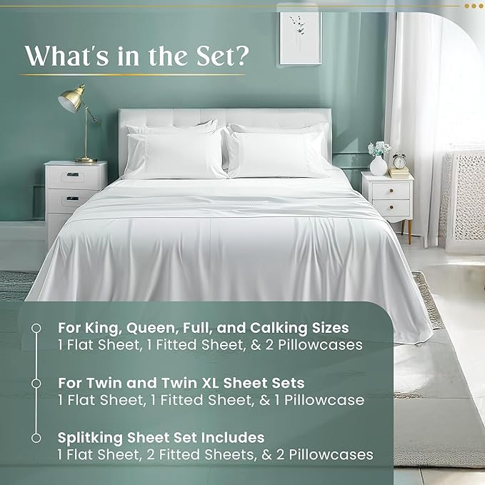 100% Egyptian Cotton Sheets Full Size Bed Set, Deep Pocket Full Sheet Set, 800 Thread Count Cotton Bed Sheets, Naturally Cool Soft Breathable No Pill Elasticated Luxury White Bedding For All Seasons