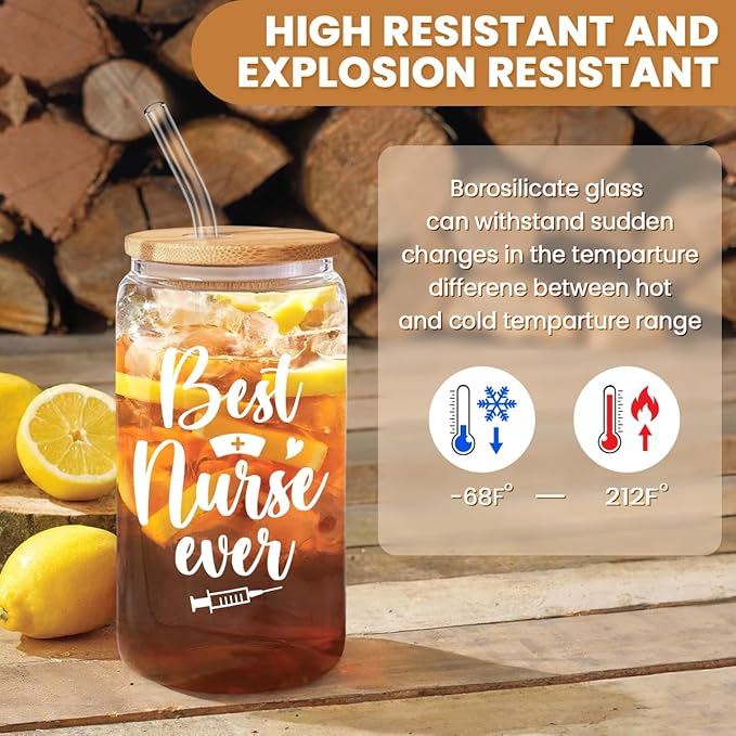 SANDJEST Nurse Cup 16 Oz Glass Can with Bamboo Lid and Straw - Nurse Gifts for Women - Appreciation Nursing Gifts for Female on Birthday