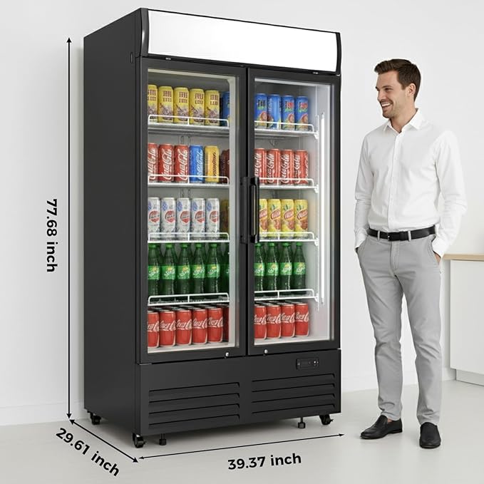 26 cu.ft Commercial Refrigerators with 2 Glass Door, Beverage Fridge with LED Light Display Upright Merchandiser, Drink Cooler with 8 Adjustable Shelves Black ETL Approved
