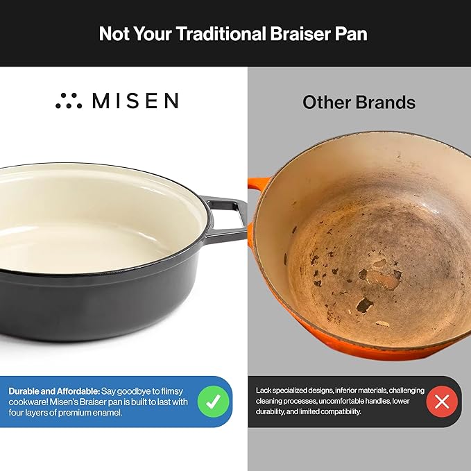 Misen 5.5 QT Braiser – Enameled Cast Iron Pan for Searing, Braising & Slow Cooking – No-Chip Enamel Coating – Extra-Wide Handles – Superior Heat Retention & Even Cooking - Black