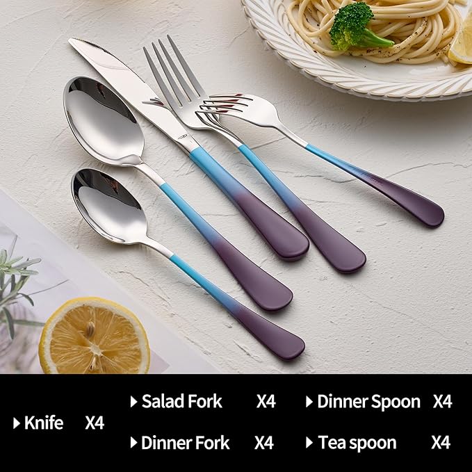 20-Pieces Color Silverware Set for 4,Blue and Purple Handle Stainless Steel Cutlery Set, Include Forks Spoons and Knives Set, Dishwasher Safe Utensil Sets for Home Restaurant