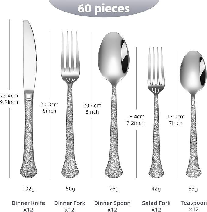 60-Piece Hammered Silverware Set for 12, 18/10 Stainless Steel Flatware Set, Heavy Duty Silverware Set Premium High End, Dishwasher Safe, Ideal for Gift