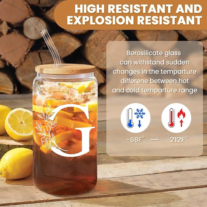 SANDJEST Monogrammed Gifts for Women - Monogram G Initial Glass Cup 16 Oz Can Coffee Cups with Lid and Straw - Monogram Initials Gifts for Womens on Birthday