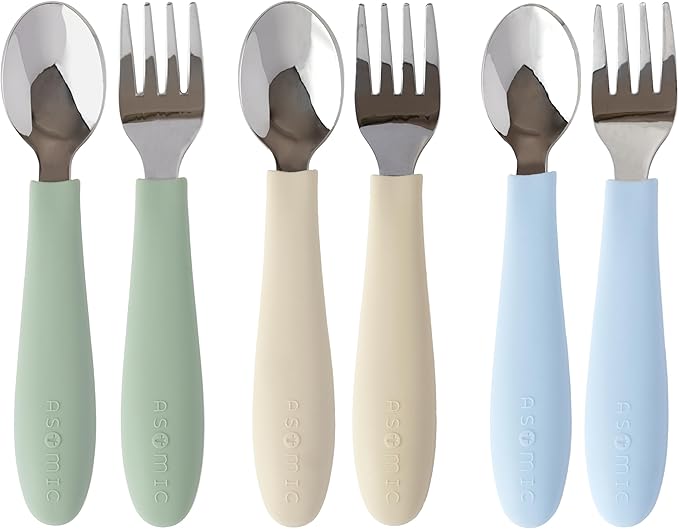 ASOMIC Premium 316 Stainless Steel Cutlery Set with Food-Grade Silicone Handles for Toddlers & Kids, 6-Piece Utensils Set with Safe Spoons & Forks, Durable & Dishwasher Safe (Sage/Sky Blue/Ivory)