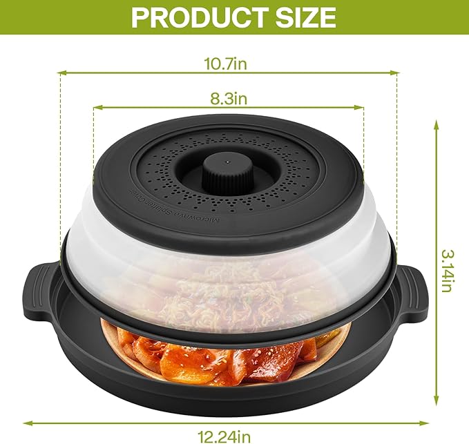Microwave Splatter Cover for Food with Anti-scald Base Plate,Large Plastic & Silicone Vented Avoid Scalding Collapsible Guard Lid,Kitchen Essential Gadgets for Meal Prep-10.7 Inch (Black)