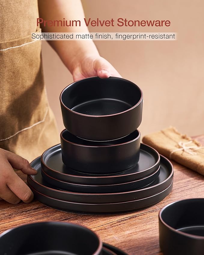 Famiware Nebula Ridge Stoneware Dinnerware Sets for 6, Plates and Bowls Sets, 18 Pieces Dishes Set, Microwave and Dishwasher Safe Kitchen Plates, Matte Black