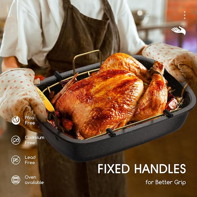 Nonstick Roasting Pan with Rack, 17" x 13" Large Turkey Roaster Pan, Oven Roasting Pan, Roaster Pan for Turkey, Chicken, Vegetable, Gold & Black