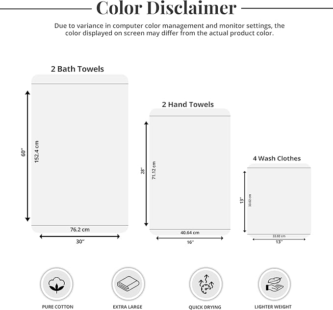 Tens Towels Pack of 8 Towels Set, 2 Extra Large Bath, 2 Hand, 4 Washcloths, 100% Cotton, Lighter Weight, Quicker to Dry, Super Absorbent, Perfect for Bathroom, Purple