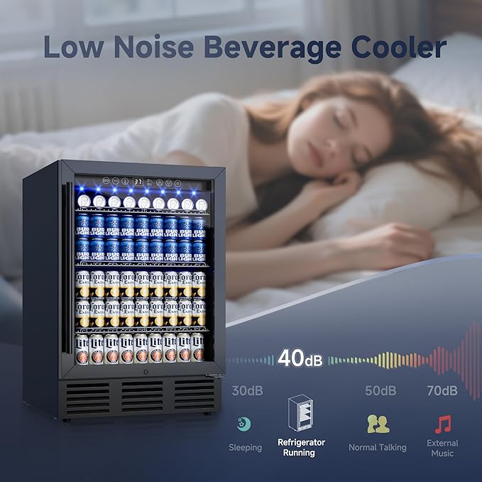 24 Inch Beverage Refrigerator, 180 Cans Under Counter Beverage Fridge with Glass Door, LED Light, Built-in or Freestanding Beer Fridge for Soda, Water, Wine - Home, Bar or Office