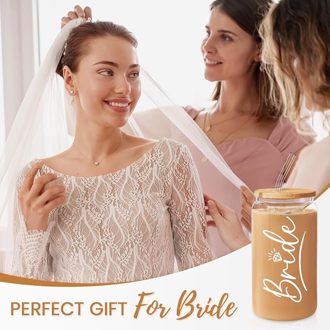 SANDJEST Bride Glass Coffee Cup 16 Oz with Bamboo Lid and Straw - Bridal Shower Gift - Engagement Gifts for Women - Bride Gifts