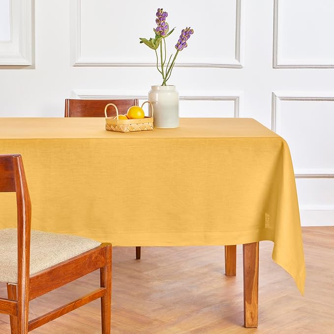 Solino Home Linen Tablecloth for Rectangle Tables 60 x 132 Inch - 100% Pure Linen Mustard Yellow Table Cloth - Fete, Machine Washable Cloth Tablecloth