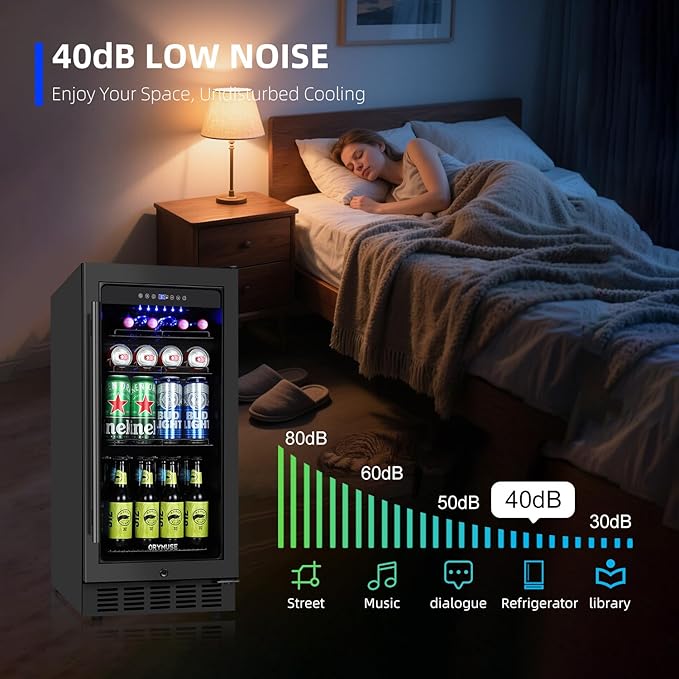 15 Inch Beverage Refrigerator, 130 Cans Drink Fridge with Glass Door & Lock, Upgraded Compressor, Low Noise, Built-in or Freestanding Cooler for Soda, Beer, Water, Black