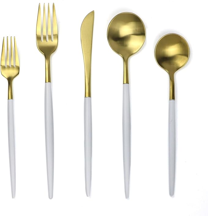 20-Pieces Luxury White Handle Gold 18/10 Stainless Steel Flatware Set, Matte Finish, Service for 4