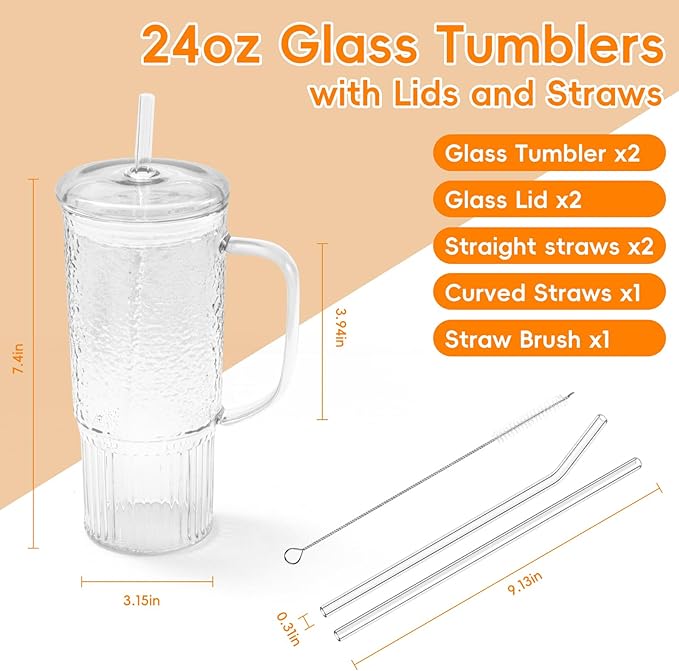 GOSCHE Glass Cups with Lids and Straws, 24oz Clear Iced Coffee Cups with Handle, Glass Tumbler with Straw and Lid for Smoothie Water Tea Juice, Clear, 2 Pack