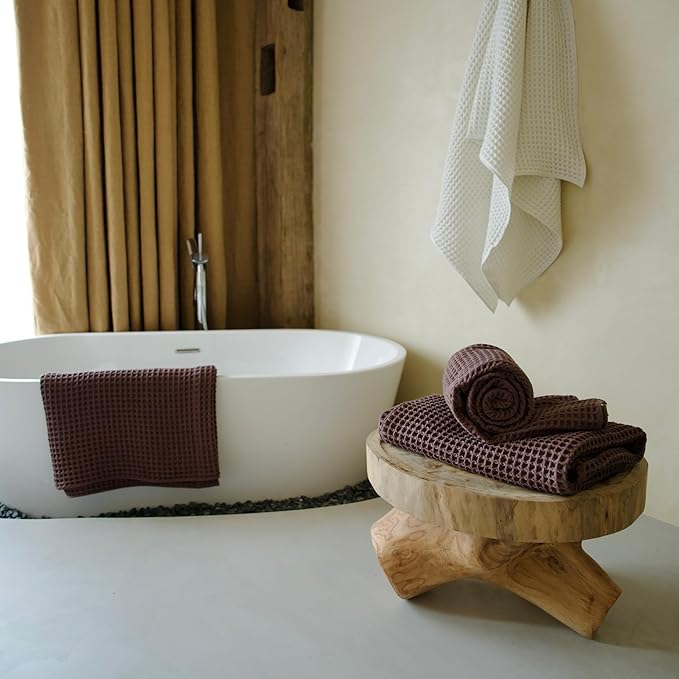 Luxury Organic Japanese Cotton Waffle Bath Towel | Thick, Absorbent, Quick Dry Bathroom Towels for Shower, Sauna, Onsen| Hotel & Spa Quality, Gift-Ready (Dark Cocoa, Hand Towel, 32" x 16")