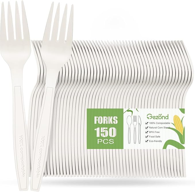Gezond Compostable Forks 150 Count 7 Inch No Plastic Disposable Forks Heavy-duty Cutlery Set Eco-Friendly Utensils for Party Wedding Camping Office Picnic