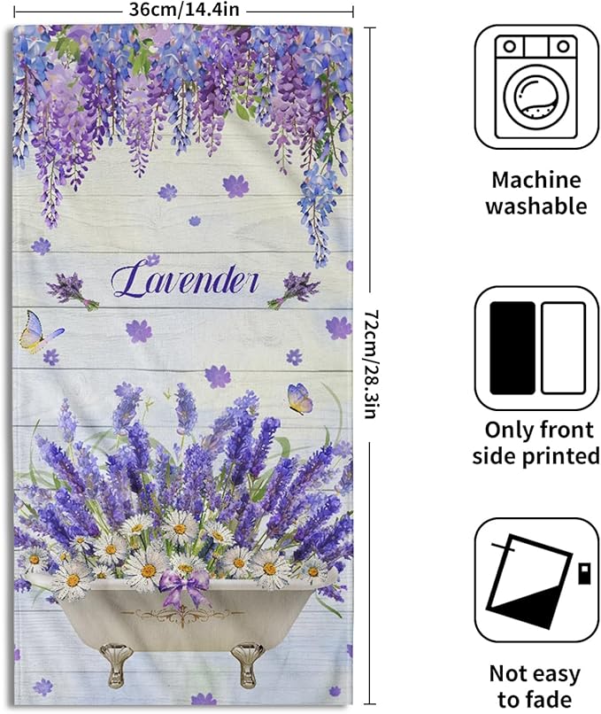Imiss Lavender Flowers Towel 14.4 x 28.3 Inch - Purple Floral Butterfly Farmhouse Washcloth Set of 2, Rustic Wooden Decorative Kitchen Dishcloth Towel for Home,Gym,Spa,Hotel