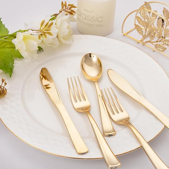 Liacere 200Pcs Gold Plastic Silverware-Gold Plastic Cutlery - Disposable Silverware include 100 Forks 50 Spoons 50 Knives Perfect for Parties & Weddings & Restaurants &Christmas & New Year